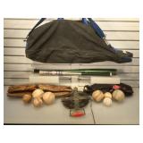 Baseball gloves, baseballs, aluminum bat, T-ball
