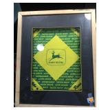 John Deere framed advertising cloth , appx 16 x