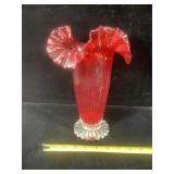 Art glass vase ruffled ruby glass with clear base