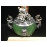 Bronze inlaid green agate lions incense burner