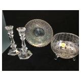 Vintage carnival glass plate, candlesticks, cut