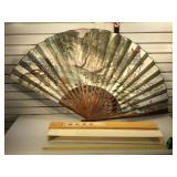 Lg decorated Oriental paper fan with original