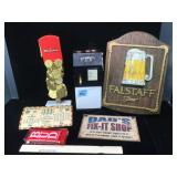 Group Bar items, Budweiser tap handles, toy penny