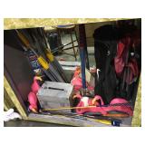 Plastic flamingos, folding chair, sports items