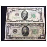 Vintage currency, 1934A $20 FRN & 1950D $10 FRN