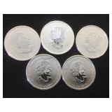 5- 1/2 oz. .999 Fine Silver Canadian Coins, 5 x $