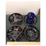 4 Red Bohemian bowls and one blue bohemian glass
