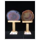 2 Brazilian agate geodes, approx 6 inches on wood