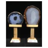 2 Brazilian agate geodes, approx 6 inches on wood