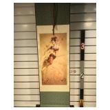 Asian silk print on scroll with wooden handles