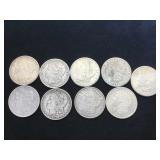 9- MORGAN SILVER DOLLARS, various years, 9 x $