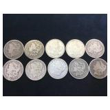 10- MORGAN SILVER DOLLARS, various years, 10 x $