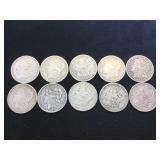10- MORGAN SILVER DOLLARS, various years, 10 x $