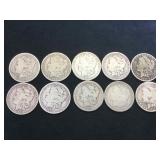 10 MORGAN SILVER DOLLARS, various years, 10 x $