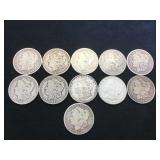 11- MORGAN SILVER DOLLARS, various years, 11 x $
