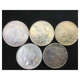 5- SILVER PEACE DOLLARS, various years, 5 x $