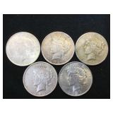 5- SILVER PEACE DOLLARS, 1922 & 1923, 5 x $