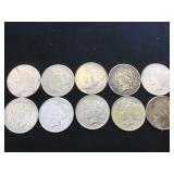 10- SILVER PEACE DOLLARS, various years, 10 x $