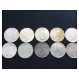 10- SILVER PEACE DOLLARS, various years, 10 x $