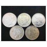 5- SILVER PEACE DOLLARS, various years, 5 x $