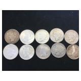 10- SILVER PEACE DOLLARS, various years, 10 x $