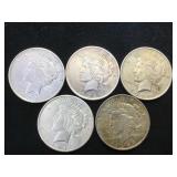 5- SILVER PEACE DOLLARS, various years, 5 x $