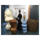 Vintage lot inc 2 1950s pottery lamps, plastic