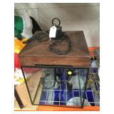 Vintage 1970s hanging lamp, wood iron, glass