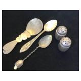Sterling lot, 3- spoons, & Sterling salt/ pepper