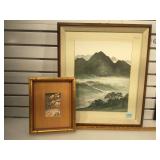 Vintage Oriental painting and a smaller woodblock