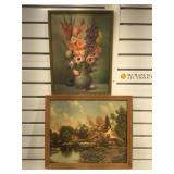 2 Vintage prints, flower still life, cottage