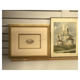 Framed watercolor of a Church and a framed print