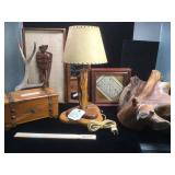 Vintage estate wooden items, jewelry box, lamp,