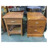 2 side tables w/ drawers, 1 missing wheel
