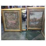 2 framed tapestries & framed beveled wall mirror,