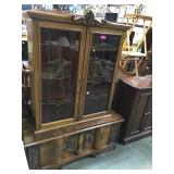 Vintage English QS oak china cabinet , leaded