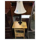 Small wooden side table and table lamp