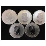 5- 1/2 oz. .9999 Fine Silver Canadian coins, 5 x
