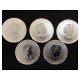 5- 1/2 oz. .9999 Fine Silver Canadian Coins, 5 x
