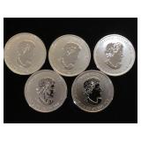 5- 1/2 oz. .9999 Fine Silver Canadian Coins, 5 x