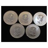 5- 1/2 oz. .9999 Fine Silver Canadian Coins, 5 x