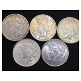 5- SILVER PEACE DOLLARS, 5 x $