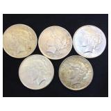 5- SILVER PEACE DOLLARS, 5 x $