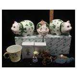 Lot of piggy banks and Hallmark angels ornaments