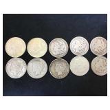 10- MORGAN & PEACE SILVER DOLLARS, 10 x $