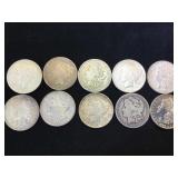 10- MORGAN & PEACE SILVER DOLLARS, 10 x $