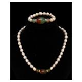 Pearl and jade necklace and bracelet set with box