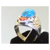 Sterling ,Turquoise & Coral Southwest style ring,