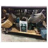 Table bottom assorted items incl. boots, toolbox