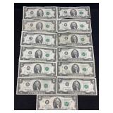 13-$2 Bills Us Currency Notes